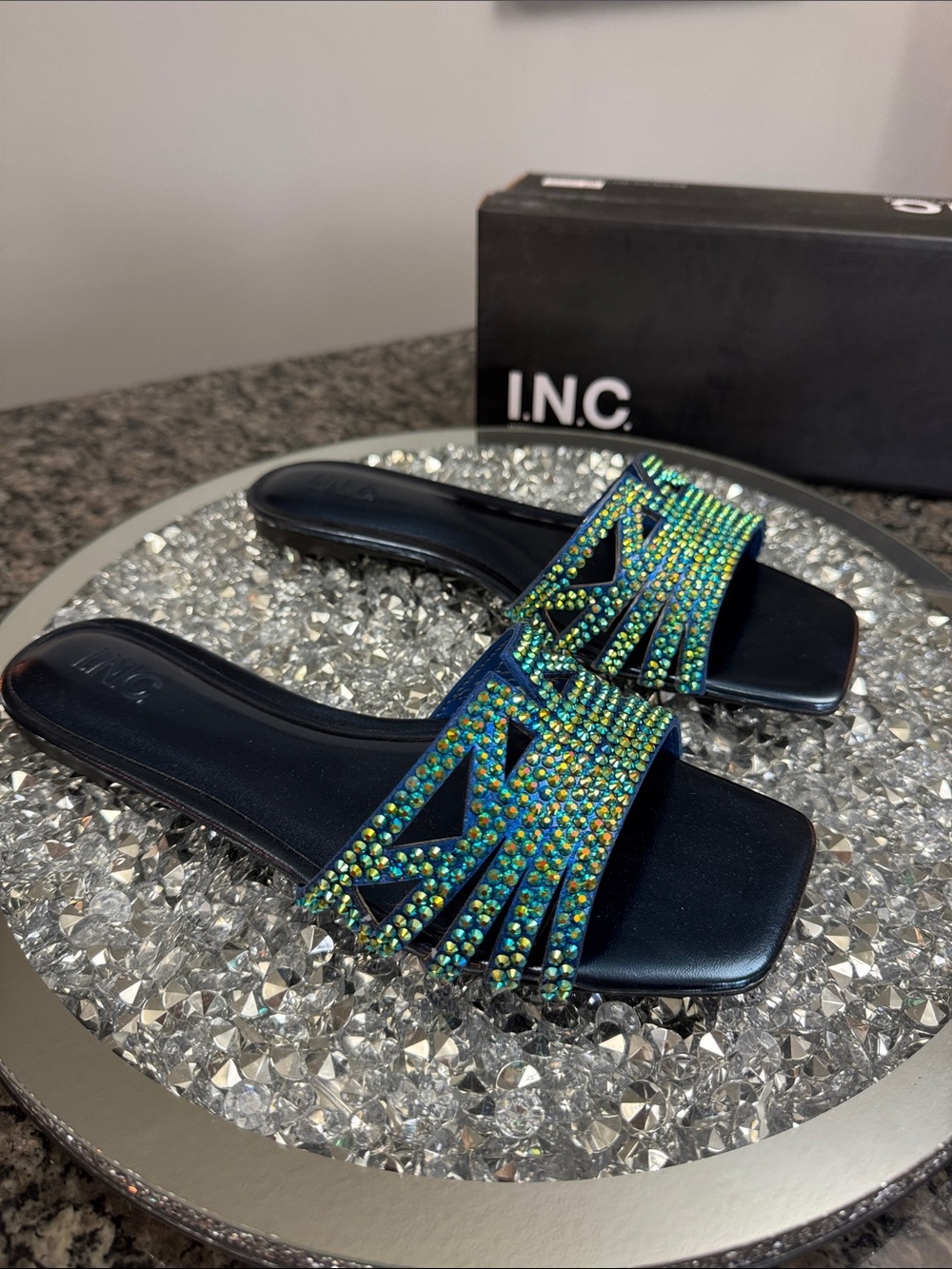 INC International Concepts Navy Slide Sandals with Iridescent Crystal NEW 9